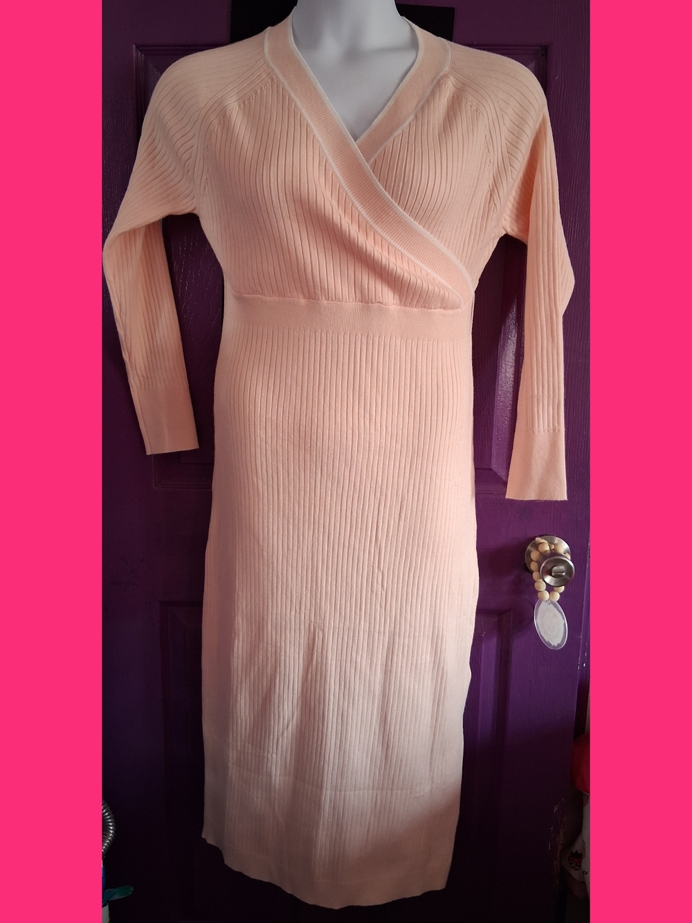 Ribbed Wrap-Front Midi Dress in Peach